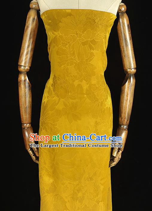 Traditional Yellow Gambiered Guangdong Gauze Chinese Cheongsam Jacquard Silk Fabric Classical Peony Pattern Satin Material