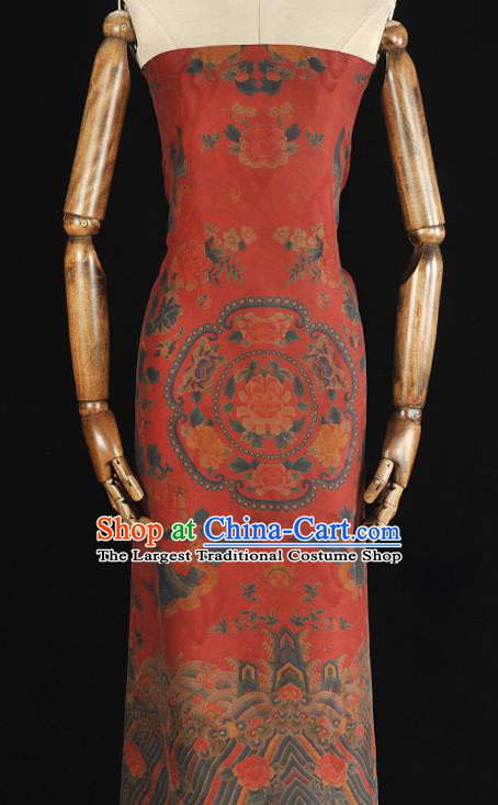 China Classical Cheongsam Gambiered Guangdong Gauze Cloth Traditional Peony Phoenix Pattern Red Silk Fabric