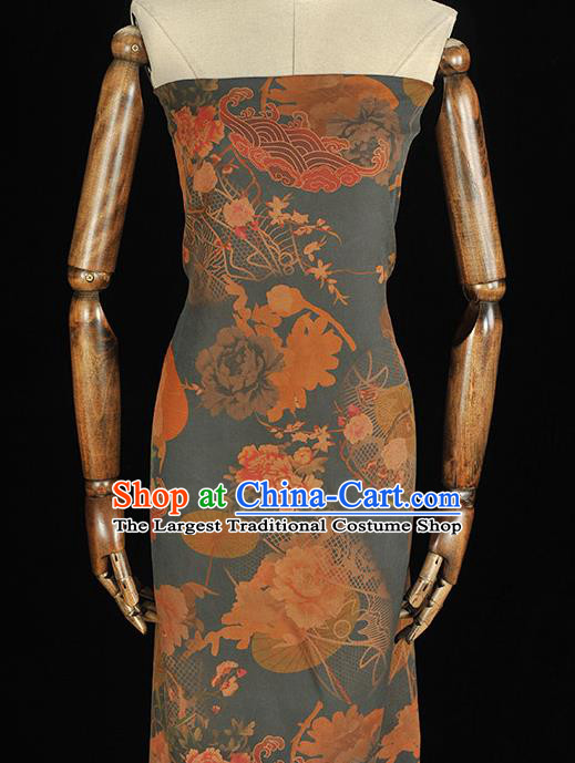 Chinese Blue Silk Fabric Traditional Classical Peony Pattern Cloth Cheongsam Gambiered Guangdong Gauze