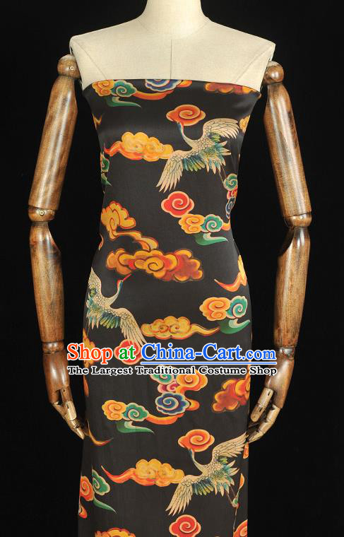 Chinese Traditional Cheongsam Gambiered Guangdong Gauze Classical Cloud Cranes Pattern Silk Cloth Black Satin Fabric