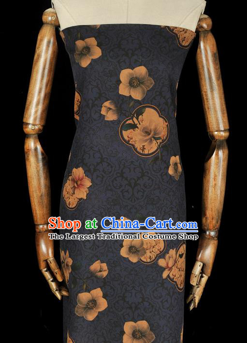 Top Cheongsam Gambiered Guangdong Gauze Chinese Traditional Cloth Fabric Classical Flowers Pattern Navy Silk Material