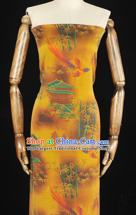 Chinese Cheongsam Gambiered Guangdong Gauze Classical Bamboo Bird Pattern Yellow Silk Material Traditional Satin Fabric