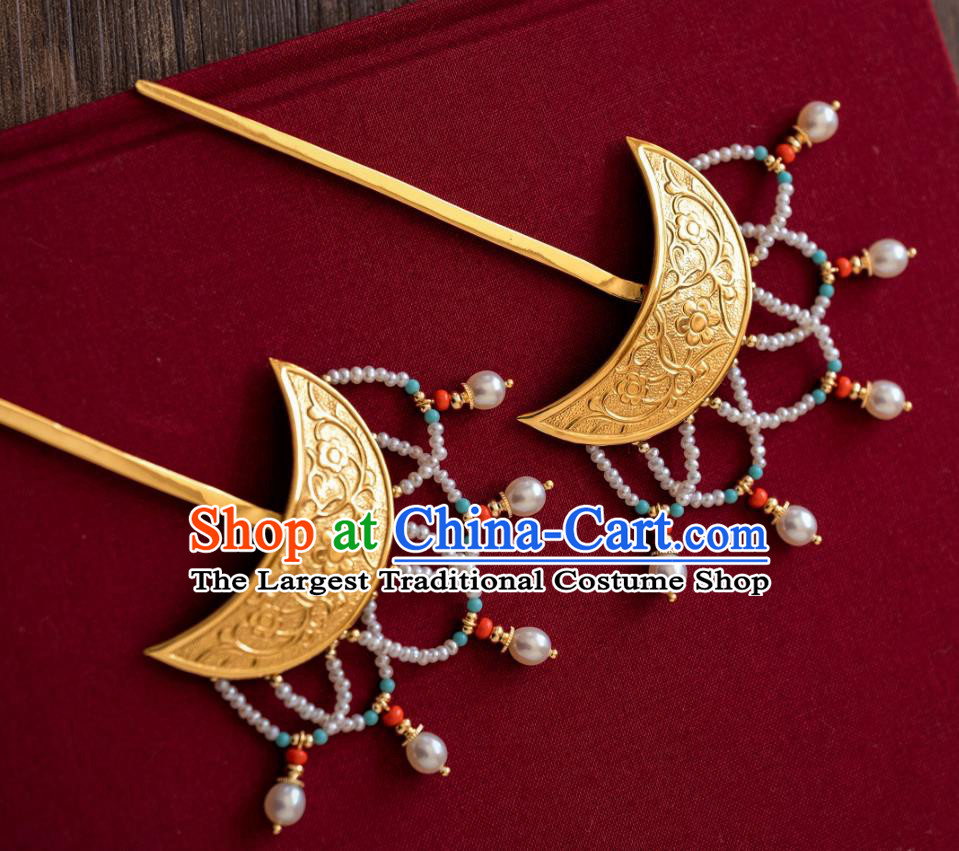 China Traditional Tang Dynasty Hanfu Hairpins Hair Accessories Ancient Empress Gilding Pearls Tassel Hair Sticks