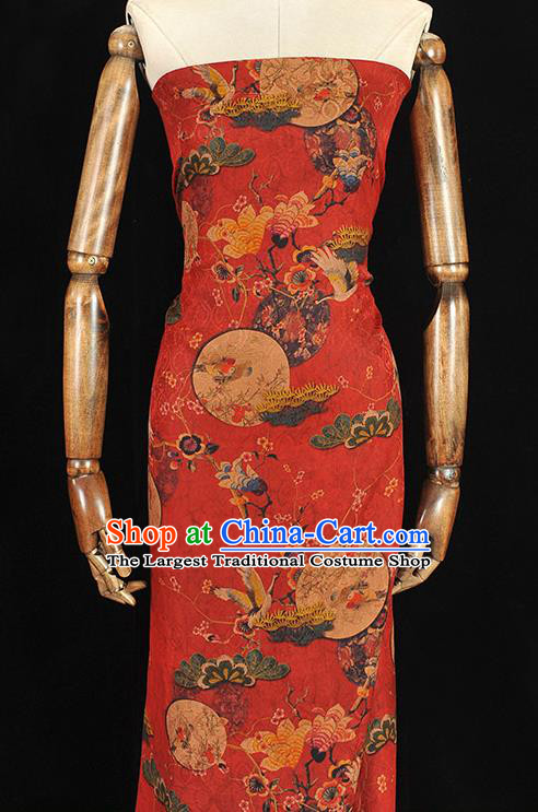 Chinese Traditional Red Gambiered Guangdong Gauze Classical Crane Plum Pattern Silk Fabric Cheongsam Cloth Material