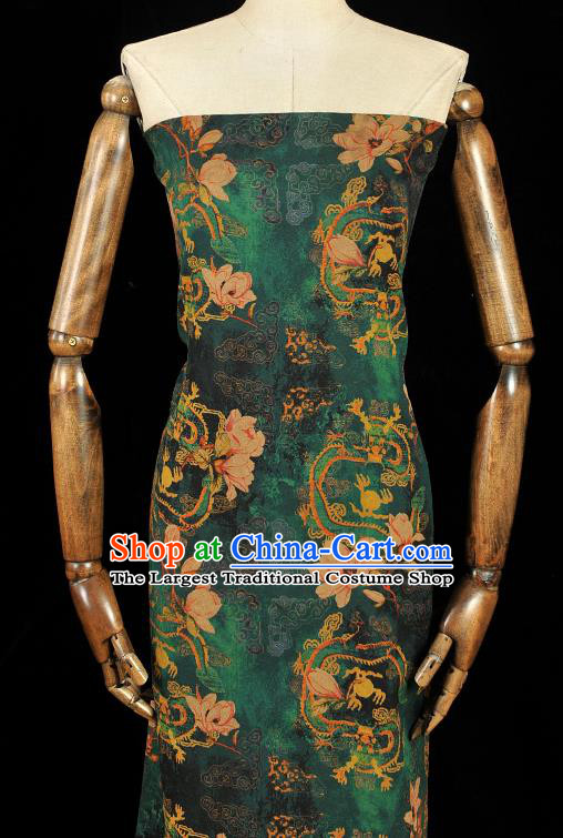 Chinese Classical Mangnolia Pattern Gambiered Guangdong Gauze Cloth Material Traditional Cheongsam Deep Green Silk Fabric