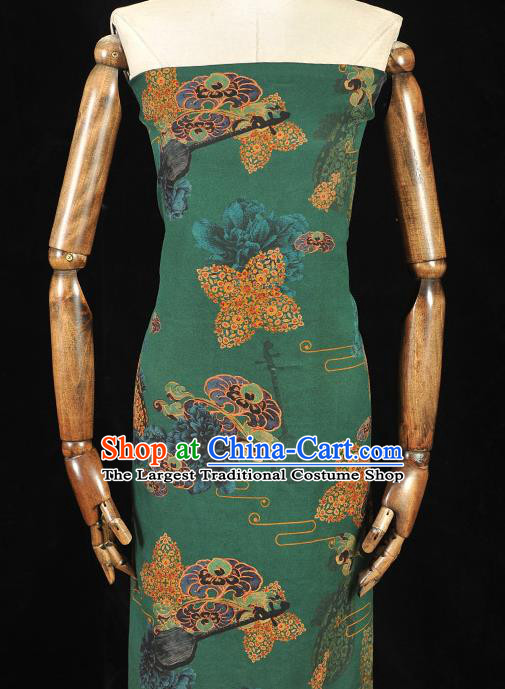 Chinese Classical Lute Pattern Green Gambiered Guangdong Gauze Traditional Cloth Material Cheongsam Silk Fabric