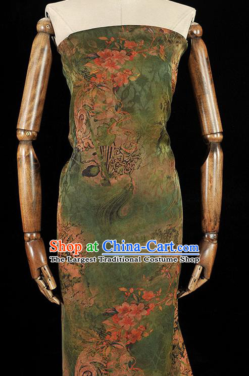 Chinese Traditional Cheongsam Cloth Material Classical Peach Blossom Pattern Gambiered Guangdong Gauze Deep Green Silk Fabric