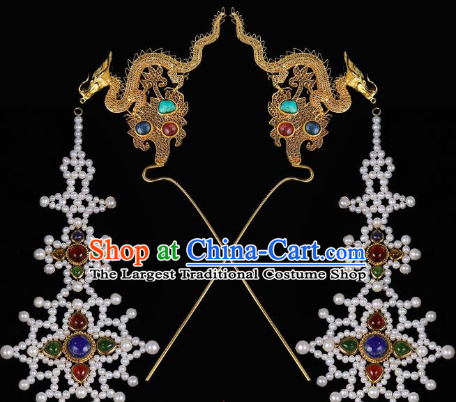 China Traditional Palace Hair Accessories Handmade Ancient Empress Tassel Hair Sticks Ming Dynasty Golden Dragon Hairpins for Women