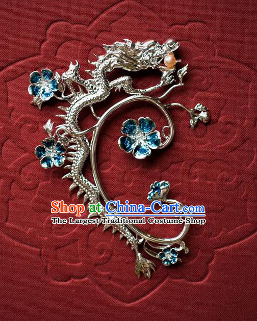 China Traditional Qing Dynasty Queen Gilding Dragon Earrings Ancient Empress Blue Plum Ear Jewelry Accessories