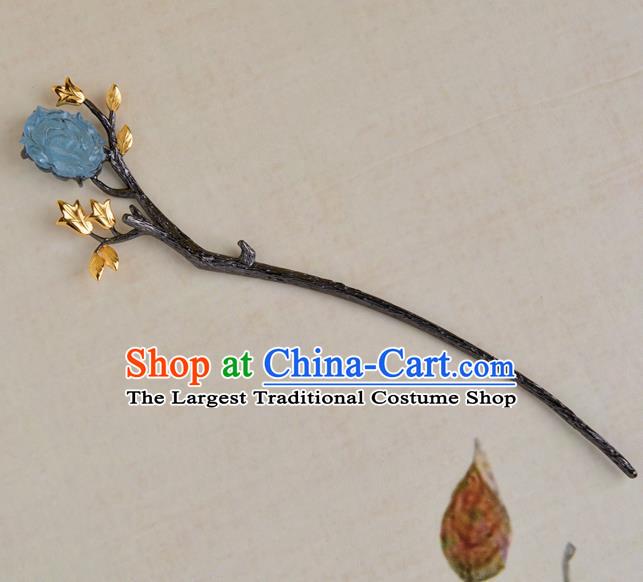 China Hanfu Peony Hair Stick Traditional Qing Dynasty Princess Aquamarine Hairpin Ancient Court Lady Hair Accessories Pearls Tassel Step Shake