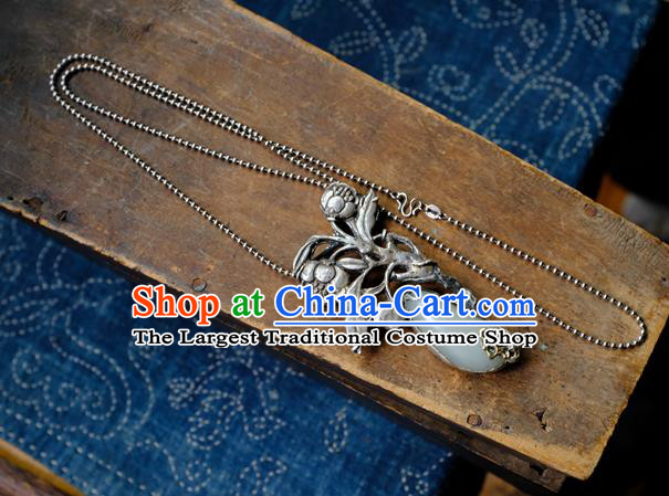 Handmade China Traditional White Jade Necklace Accessories National Silver Carving Flowers Jewelry Pendant