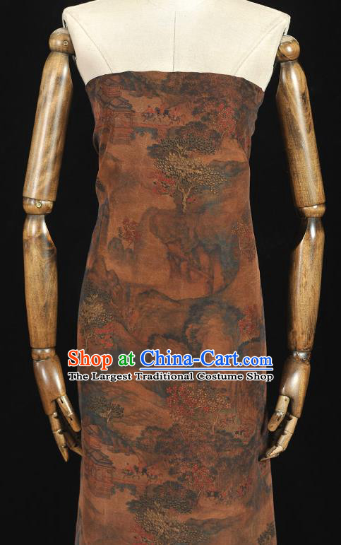 Top Silk Fabric Chinese Cheongsam Gambiered Guangdong Gauze Traditional Pavilion Pattern Brown Silk Drapery