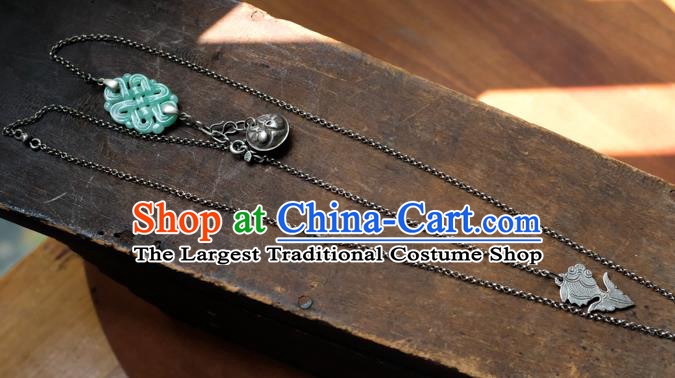 Handmade China National Women Jewelry Silver Carving Accessories Traditional Jade Necklace Pendant