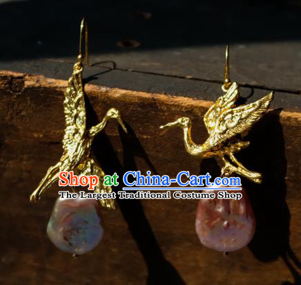 China Handmade Golden Crane Ear Accessories National Earrings Traditional Pink Stone Jewelry