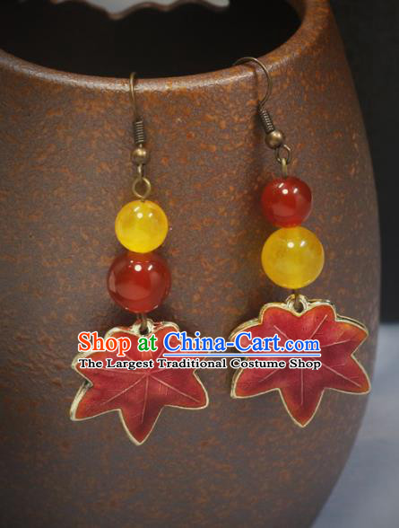 Handmade Chinese Traditional Earrings Red Maple Leaf Ear Accessories