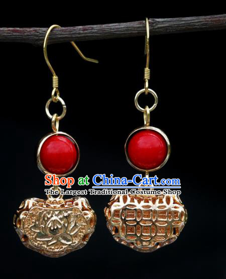 Handmade Chinese National Longevity Lock Ear Accessories Traditional Hollow Golden Earrings