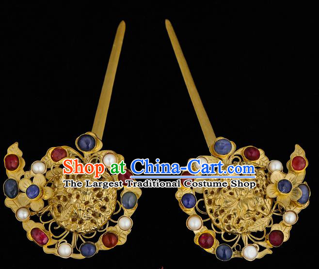 China Traditional Hair Accessories Handmade Ming Dynasty Court Hair Clips Ancient Queen Gems Golden Hairpin for Women