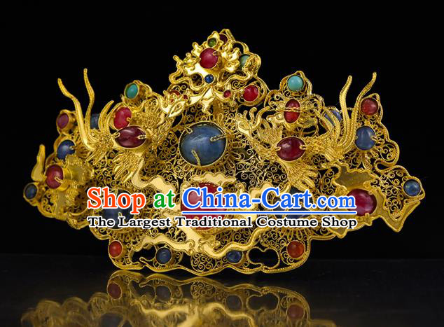 China Traditional Ming Dynasty Golden Cloud Hair Crown Handmade Filigree Hair Accessories Ancient Queen Gems Hairpin for Women