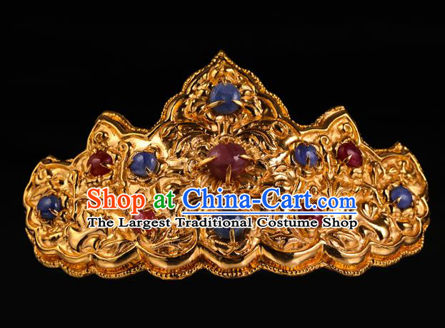 China Traditional Ming Dynasty Hair Crown Handmade Golden Hair Accessories Ancient Empress Gems Hairpin