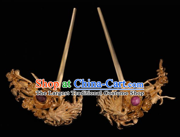 China Ancient Hanfu Golden Phoenix Hair Stick Handmade Hair Accessories Traditional Ming Dynasty Court Plum Blossom Hairpin