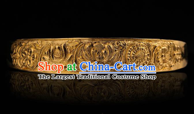 China Ancient Empress Hanfu Golden Hairpin Handmade Hair Accessories Traditional Ming Dynasty Court Carving Lotus Hair Crown