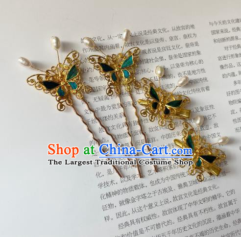 China Ancient Palace Lady Hairpin Handmade Hair Accessories Traditional Ming Dynasty Princess Green Butterfly Hair Stick