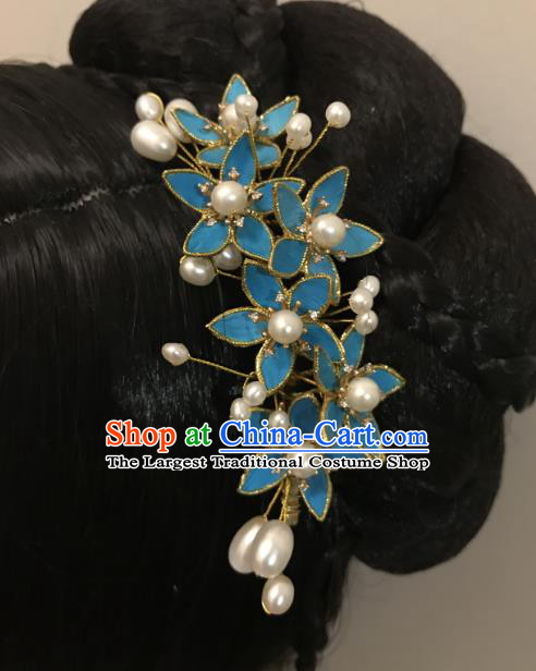 China Ancient Court Lady Blue Flowers Hairpin Handmade Hair Accessories Traditional Ming Dynasty Princess Hair Stick