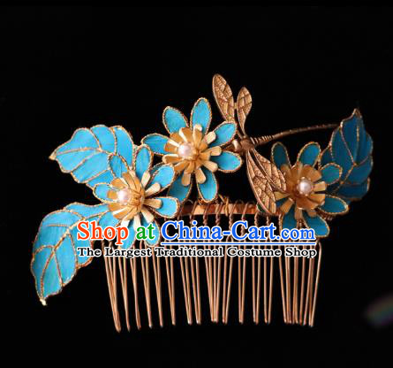 China Ancient Noble Woman Hairpin Handmade Hair Accessories Traditional Ming Dynasty Blue Dragonfly Lotus Hair Comb