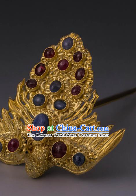 China Ancient Empress Gilding Hairpin Handmade Hair Accessories Traditional Ming Dynasty Gems Phoenix Hair Crown