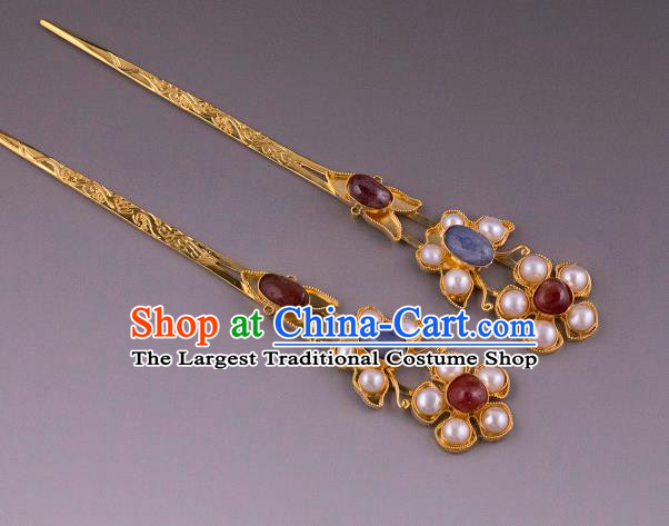 China Ancient Empress Pearls Hairpin Handmade Hair Accessories Traditional Ming Dynasty Court Gems Hair Stick