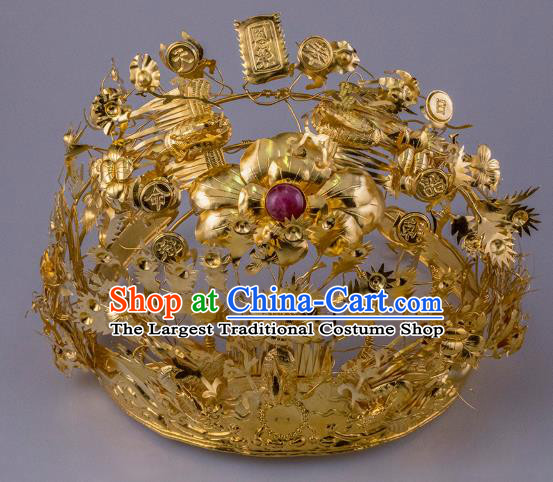 China Ancient Queen Golden Peony Hair Crown Handmade Hair Accessories Traditional Ming Dynasty Phoenix Coronet