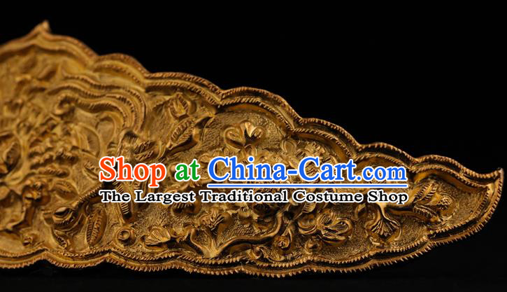 China Ancient Imperial Consort Golden Hair Crown Handmade Hair Accessories Traditional Tang Dynasty Carving Peony Hairpin