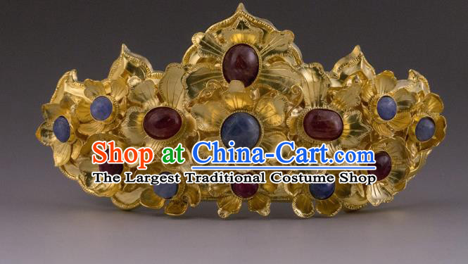 China Ancient Empress Golden Flowers Hairpin Handmade Hair Accessories Traditional Ming Dynasty Palace Gems Hair Crown