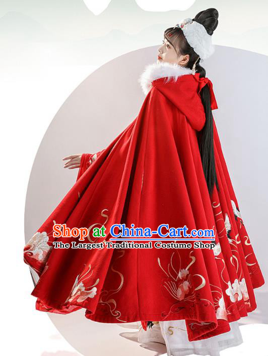 China Ancient Noble Woman Historical Clothing Traditional Hanfu Cape Ming Dynasty Court Princess Embroidered Red Cloak