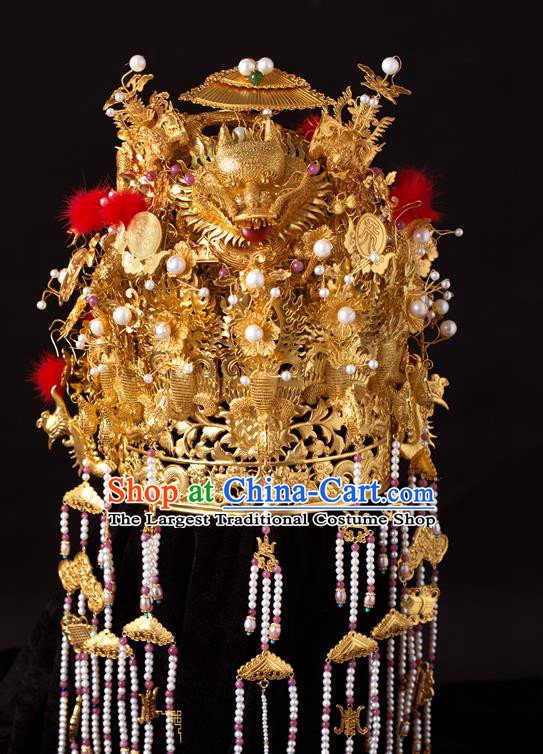 China Ancient Empress Golden Hair Crown Handmade Hair Accessories Traditional Ming Dynasty Pearls Tassel Phoenix Coronet