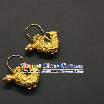 Handmade Chinese Traditional Tang Dynasty Court Ear Jewelry Ancient Imperial Consort Golden Fish Earrings Accessories