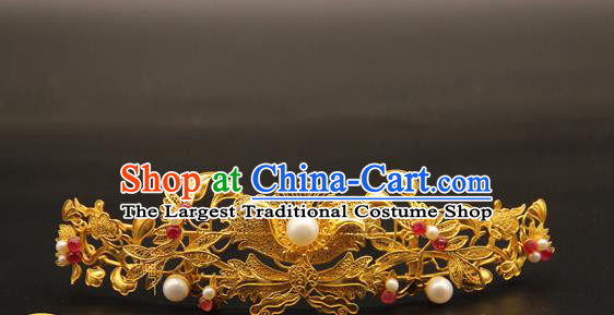 China Ancient Queen Hairpin Traditional Ming Dynasty Hair Accessories Handmade Wedding Golden Hair Crown