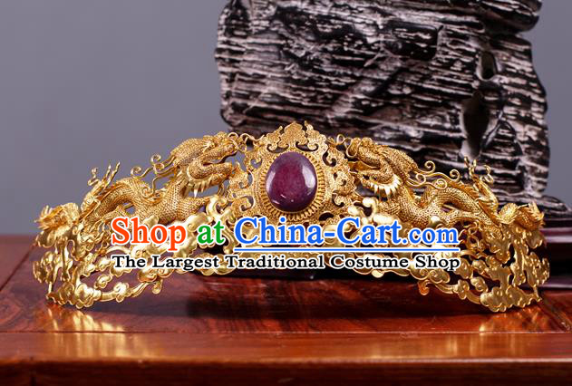 China Ming Dynasty Golden Dragons Hair Crown Ancient Court Hair Accessories Traditional Handmade Empress Hairpin