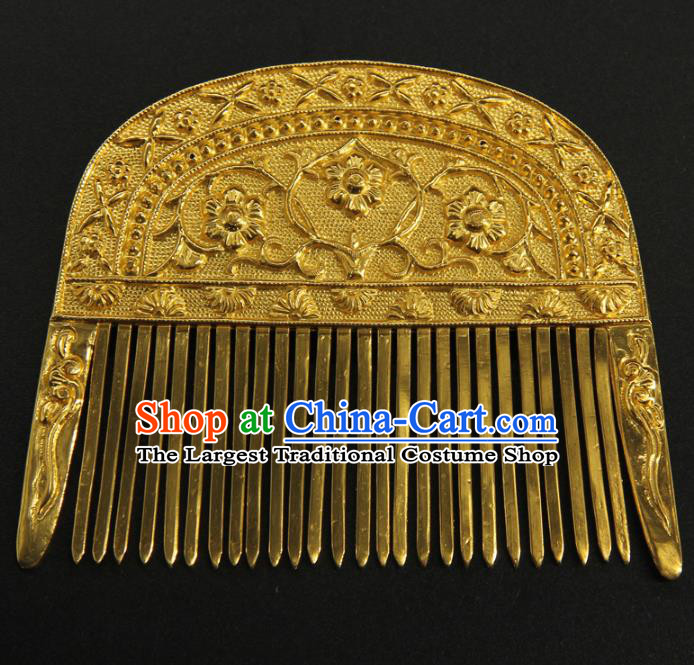 China Handmade Court Golden Hairpin Ancient Empress Hair Accessories Traditional Tang Dynasty Carving Flowers Hair Comb