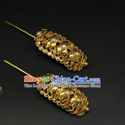 China Traditional Handmade Pearls Hairpin Ancient Court Empress Hair Accessories Ming Dynasty Golden Hair Stick