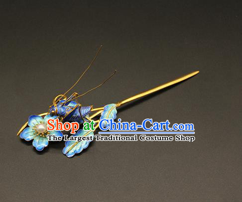 China Handmade Blueing Grasshopper Hair Clip Ancient Imperial Consort Hairpin Traditional Qing Dynasty Court Hair Accessories