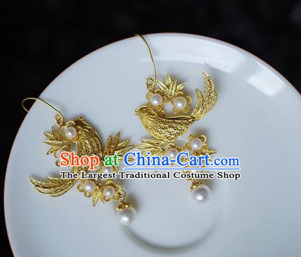 Handmade Chinese Traditional Ancient Wedding Earrings Accessories Ming Dynasty Court Golden Magpie Plum Ear Jewelry