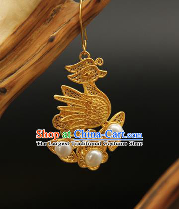 Handmade Chinese Ancient Empress Ear Jewelry Traditional Ming Dynasty Golden Mandarin Duck Earrings Accessories