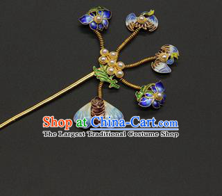 China Handmade Court Pearls Hair Stick Traditional Qing Dynasty Palace Hair Accessories Ancient Empress Blueing Lotus Hairpin