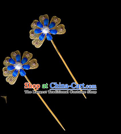 China Traditional Ming Dynasty Palace Hair Accessories Handmade Court Blueing Hair Stick Ancient Empress Pearl Hairpin