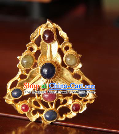 China Ancient Empress Gems Hair Crown Handmade Court Golden Hairpin Traditional Ming Dynasty Palace Hair Accessories