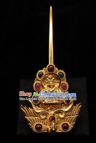 China Ancient Imperial Consort Phoenix Hairpin Handmade Hair Accessories Traditional Ming Dynasty Golden Buddha Hair Stick