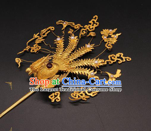 China Handmade Ming Dynasty Court Empress Hair Crown Traditional Wedding Hair Accessories Ancient Queen Golden Phoenix Hairpin