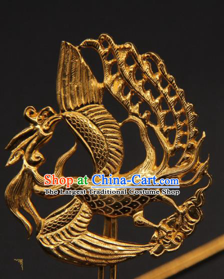 China Traditional Ming Dynasty Empress Golden Phoenix Hairpin Ancient Hanfu Hair Stick Handmade Palace Hair Accessories