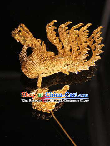 China Ancient Traditional Palace Headpiece Ming Dynasty Empress Hairpin Handmade Queen Golden Phoenix Hair Stick